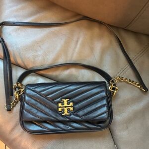 Tory Burch Black Quilted Leather Crossbody with Gold Logo